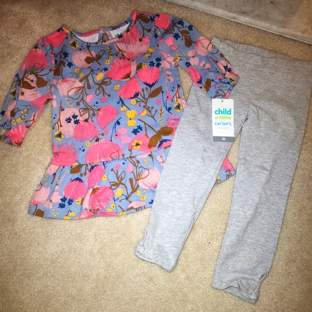 NWT 2T COM 2pc spring floral tunic top and gray bow leggings